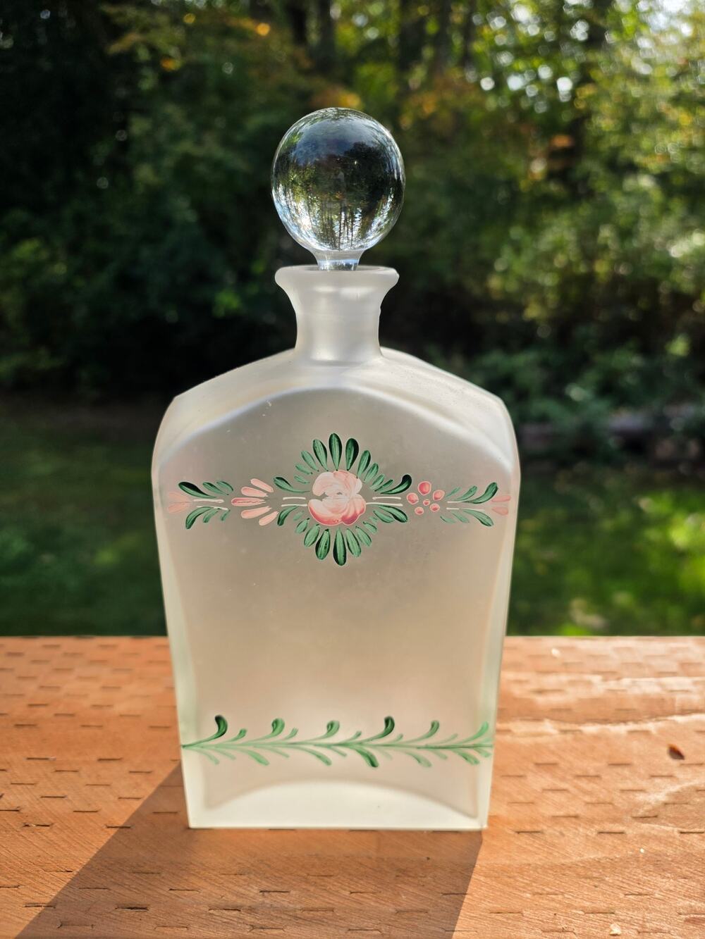 Vintage 90s Crabtree & Evelyn Frosted Glass Decanter Hand Painted Floral